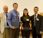 Outstanding Research Poster Awards were presented to Truman biology major Lisa Clark and KCOM biomed student Talon Anderson at IBRS. Pictured l-r: Neil Sargentini, PhD, chair, microbiology & immunology; Anderson; Clark; and Dr. Degenhardt.