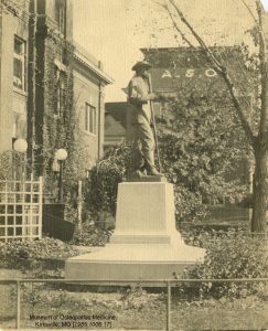 Dr. Still’s statue stands in its original location in front of the ASO hospital. Museum of Osteopathic Medicine [1985.1006.17]