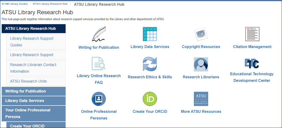 screenshot of research hub from the A.T. Still Memorial Library