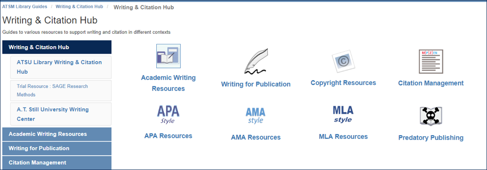 screenshot of writing & citation hub from the A.T. Still Memorial Library