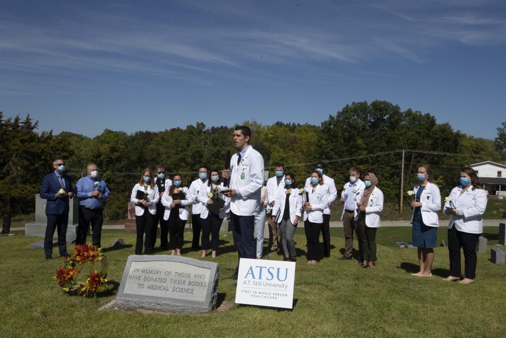 ATSU-KCOM student Jacob Speechley, OMS II, speaks during the Gift of Body ceremony.